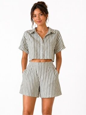 Striped Shirt and Shorts Set - Green and White